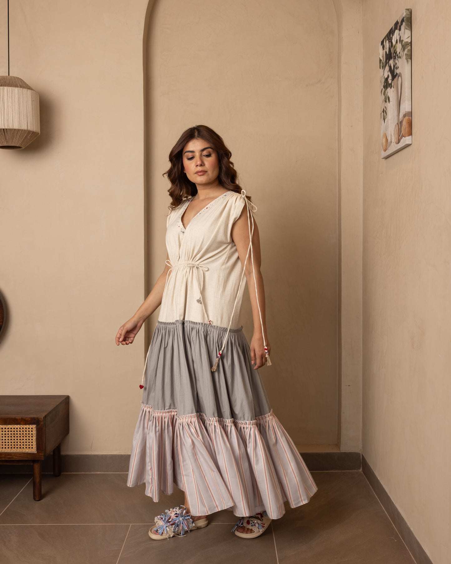 Celia Dress (Beige and Grey)