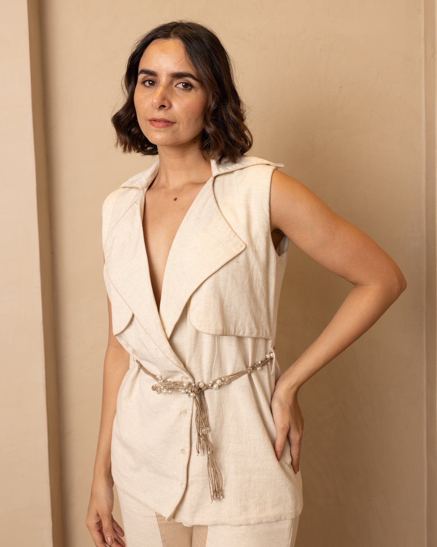 Knot Top and Pants Set (Beige)