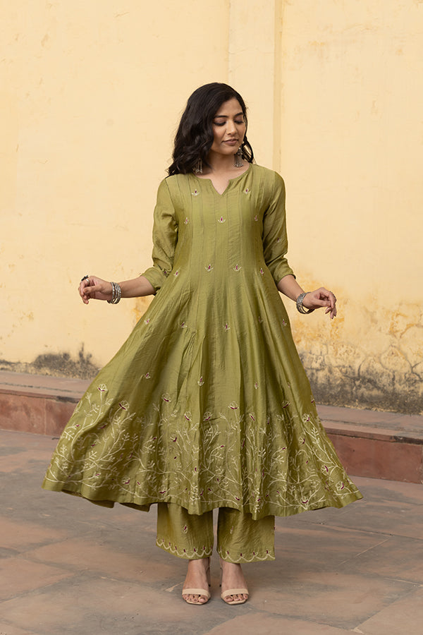Mehndi Green Zari Jaal Embroidered Anarkali Suit Set