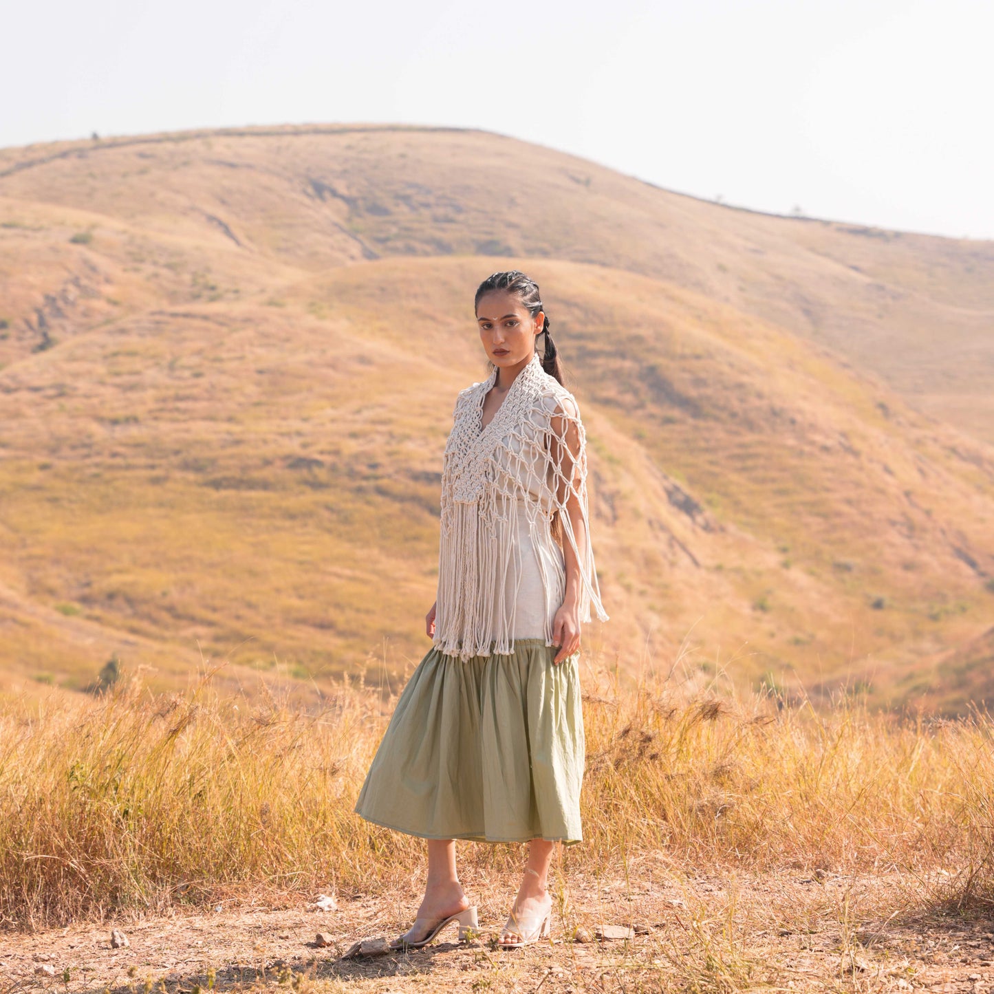 Noura Top & Skirt Set - Beige and Green