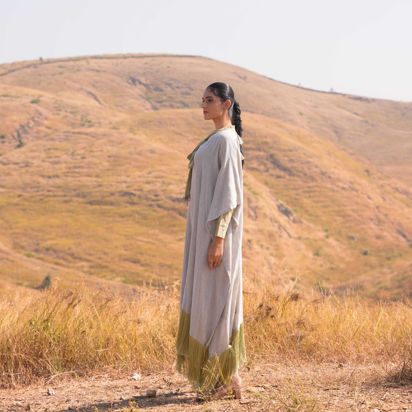 Siya Dress and Kaftan Set - Grey and Green