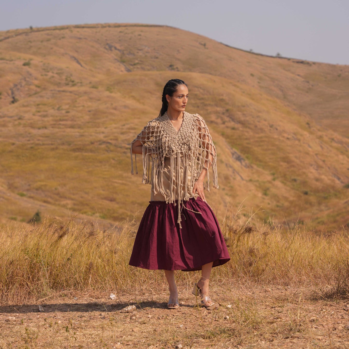 Noura Top & Skirt Set - Maroon and Brown
