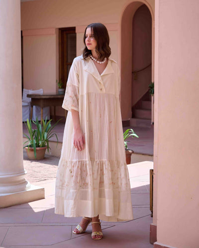 Charlotte Beige Cotton Long Dress - OurDve
