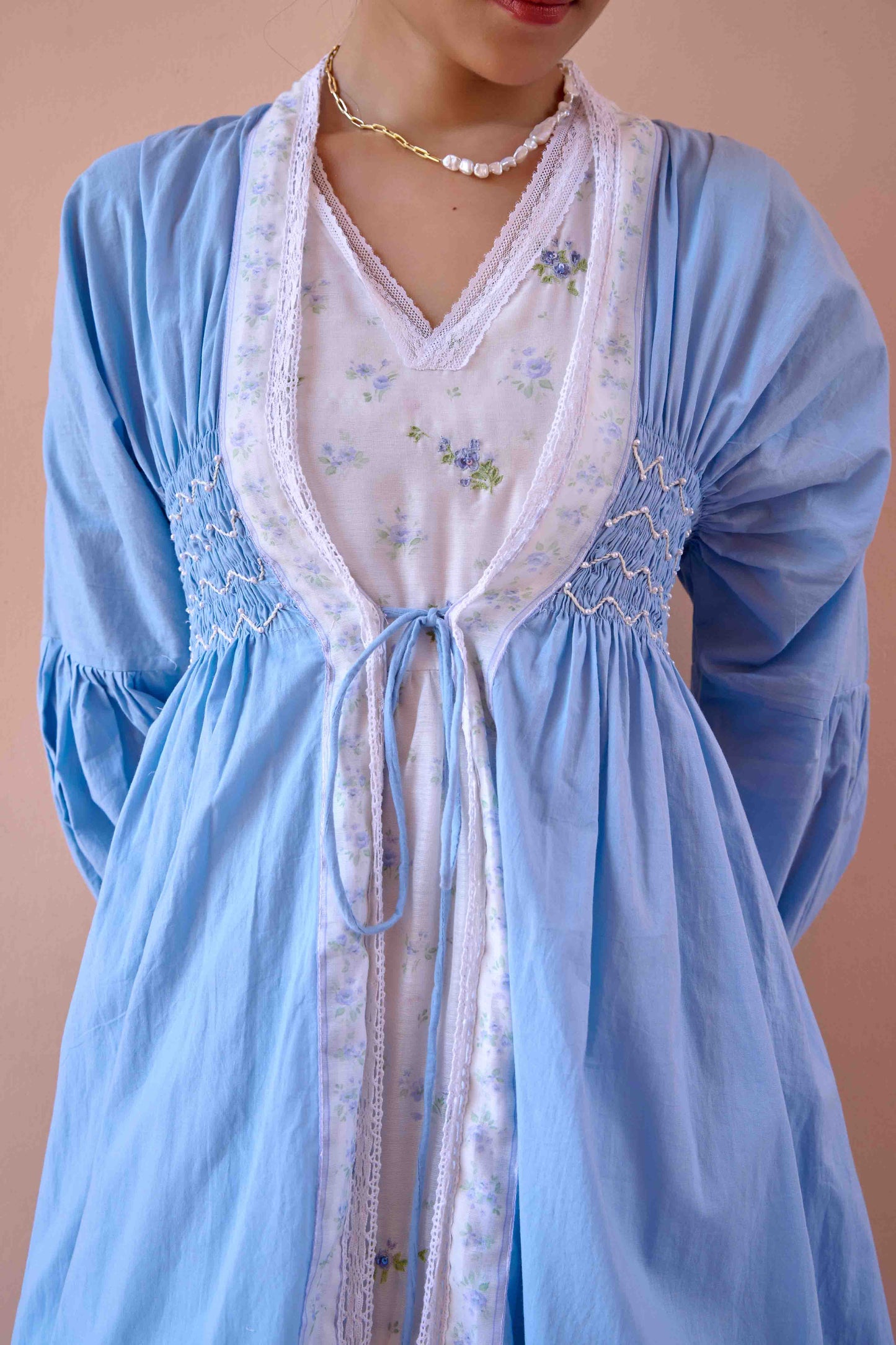 Rose Dress and Jacket Set - Blue and White