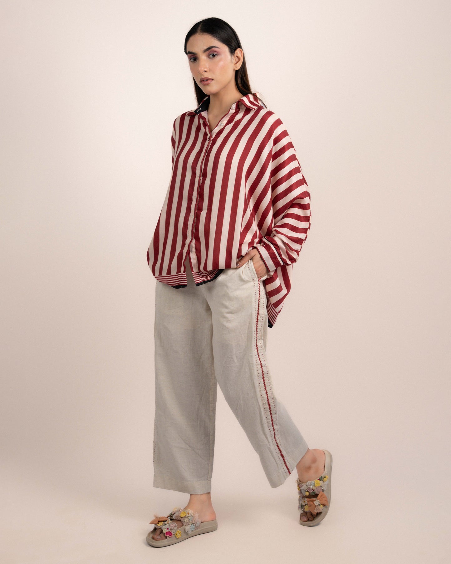 Aira Shirt - Ajrakh Maroon Thick Stripe