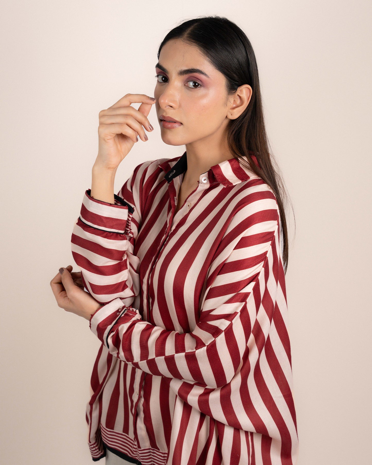 Aira Shirt - Ajrakh Maroon Thick Stripe