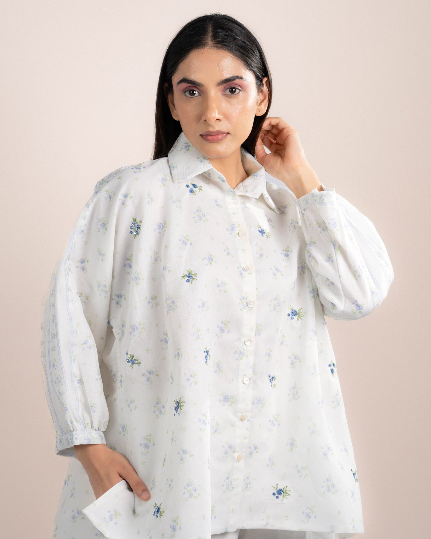 Kira Shirt - Blue Rose Chanderi Fabric