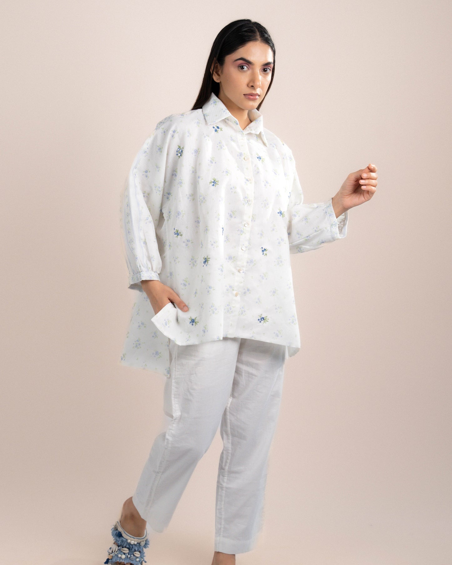 Kira Shirt - Blue Rose Chanderi Fabric