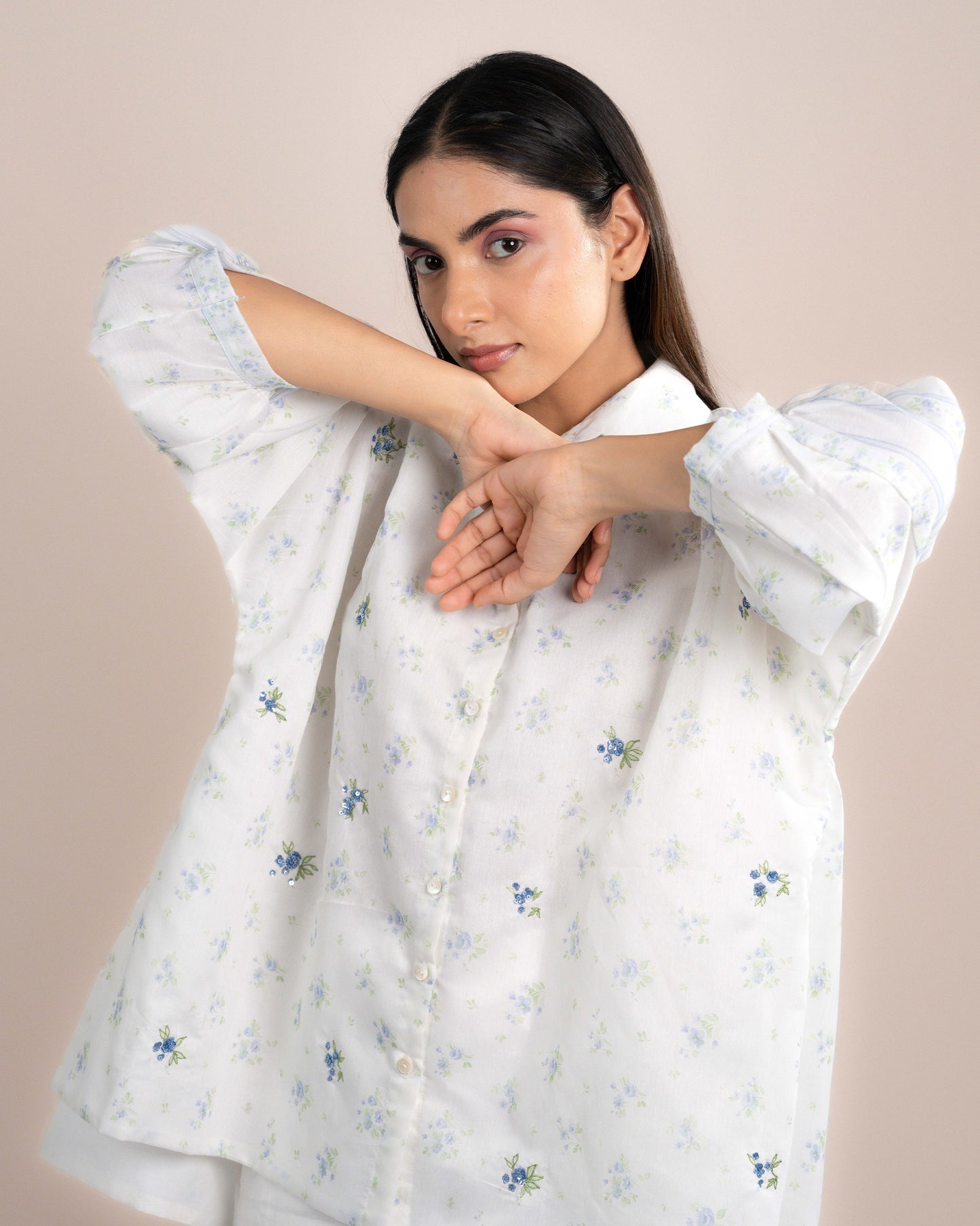 Kira Shirt - Blue Rose Chanderi Fabric