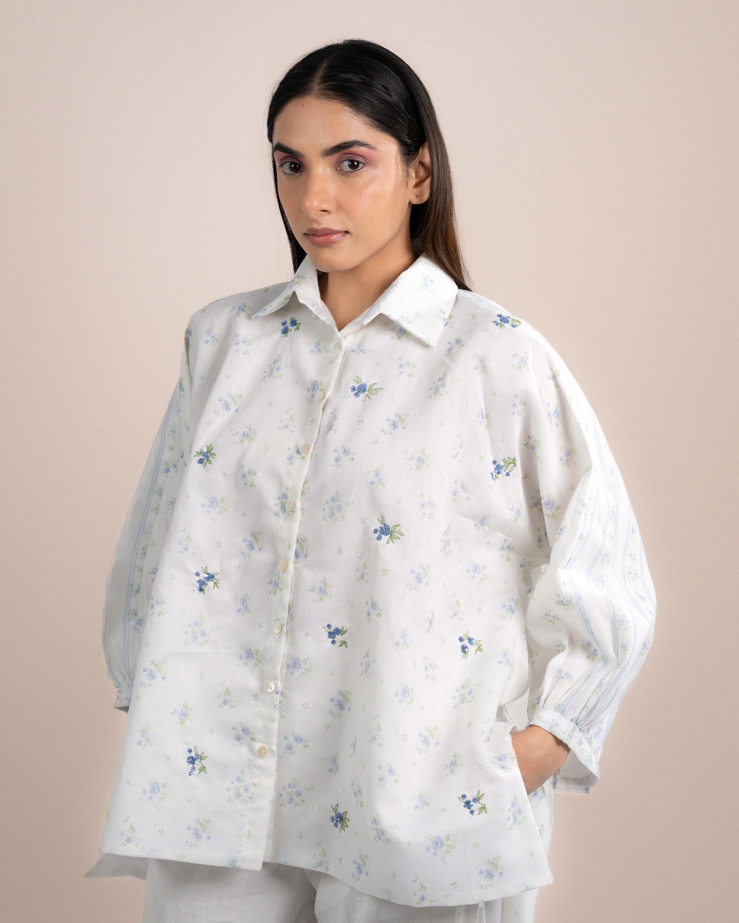 Kira Shirt - Blue Rose Chanderi Fabric