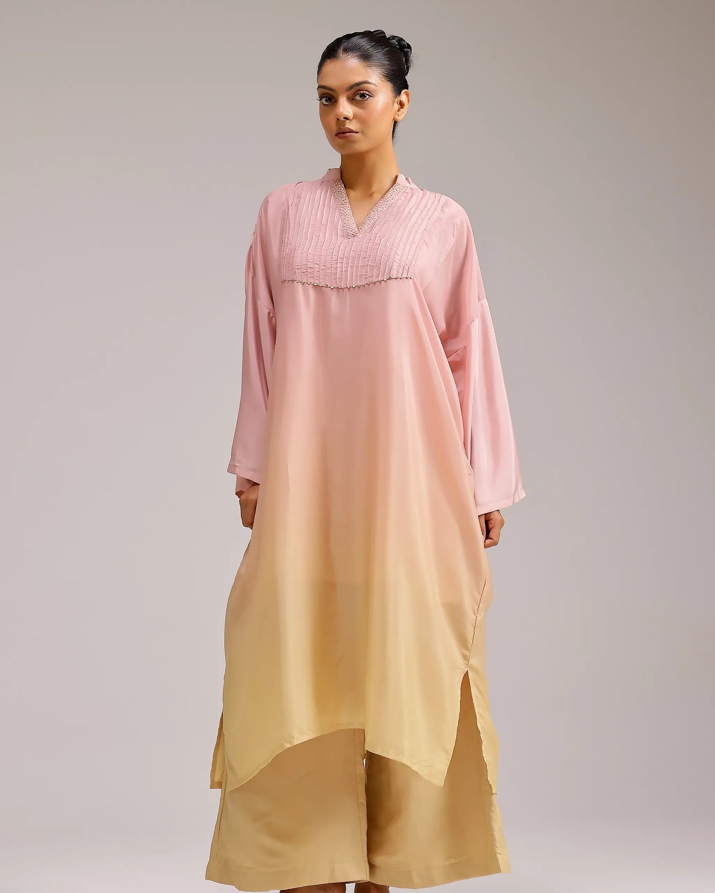 Fade Crepe Kurta Set - Pink To Yellow