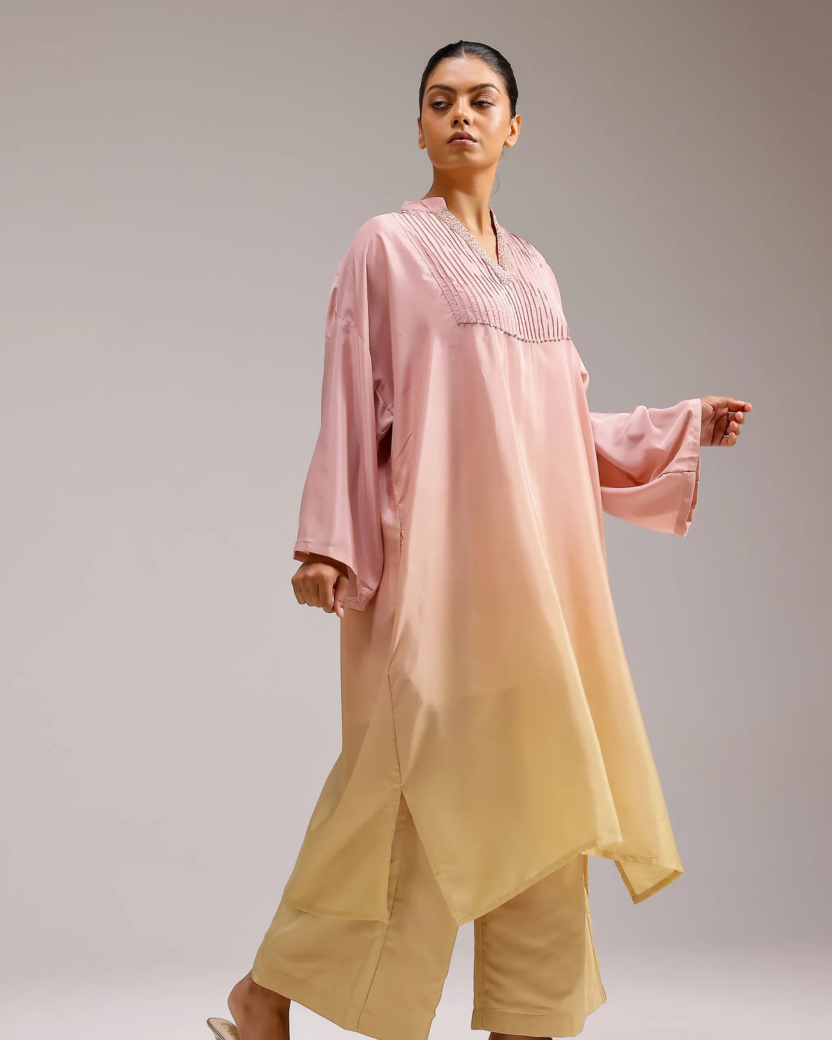 Fade Crepe Kurta Set - Pink To Yellow
