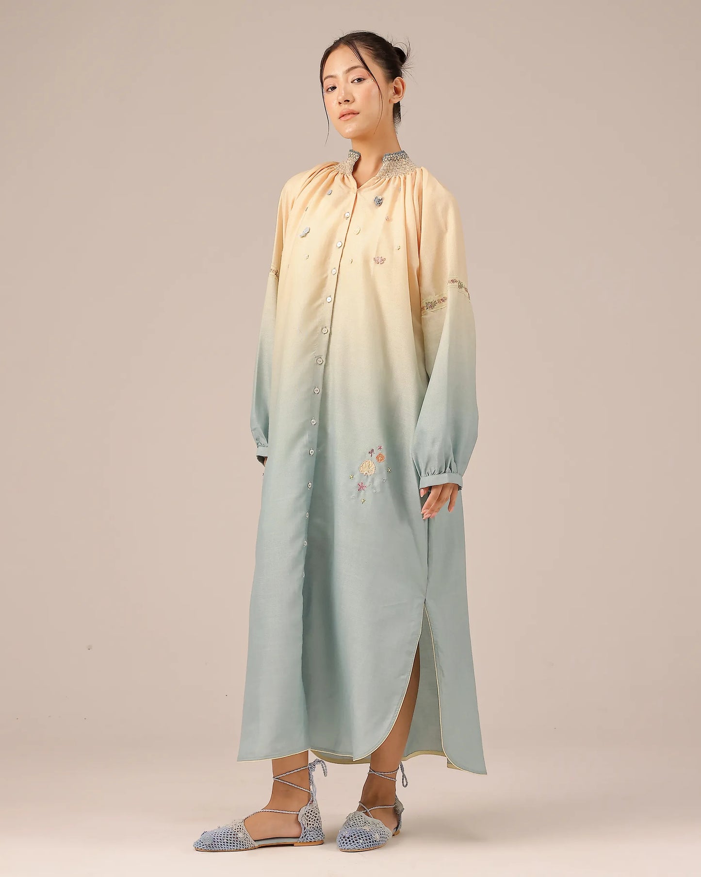 Sorbet Linen Dress – Smocked High Neck | OurDve