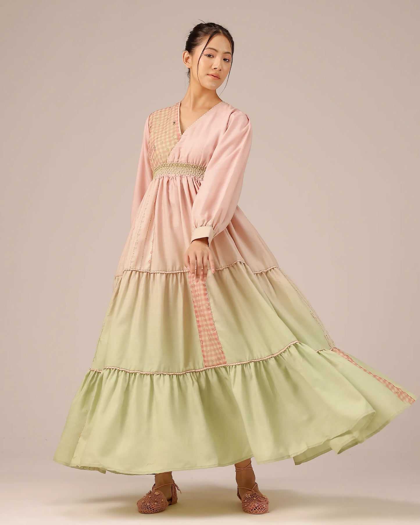 Pop Linen Dress ā Pink To Green Patchwork Bohemian Dress - OurDve