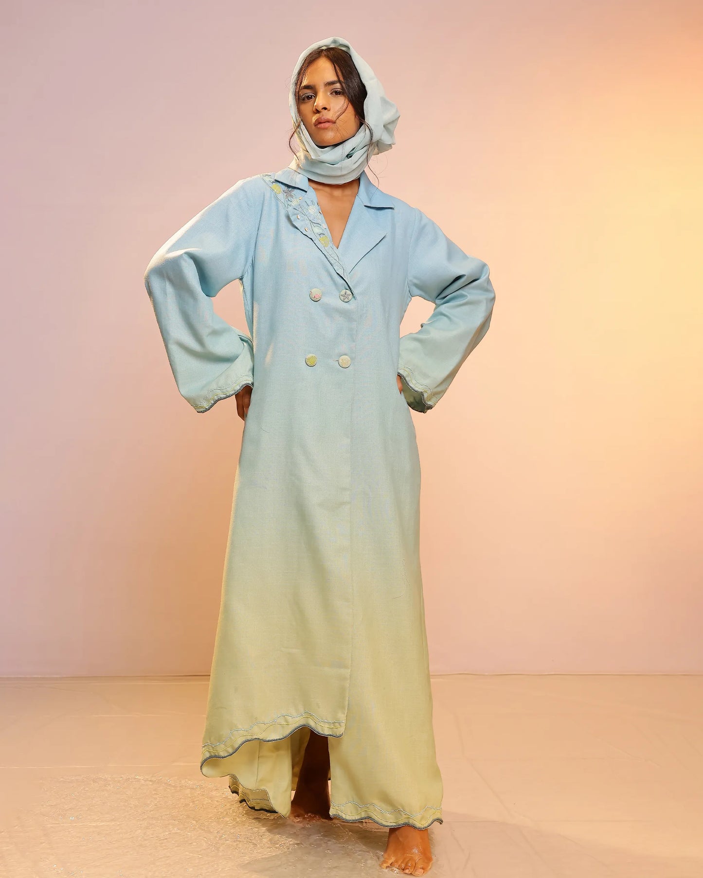 Breeze Pop Linen Dress | Blue-to-Green Gradient Long Dress - OurDve