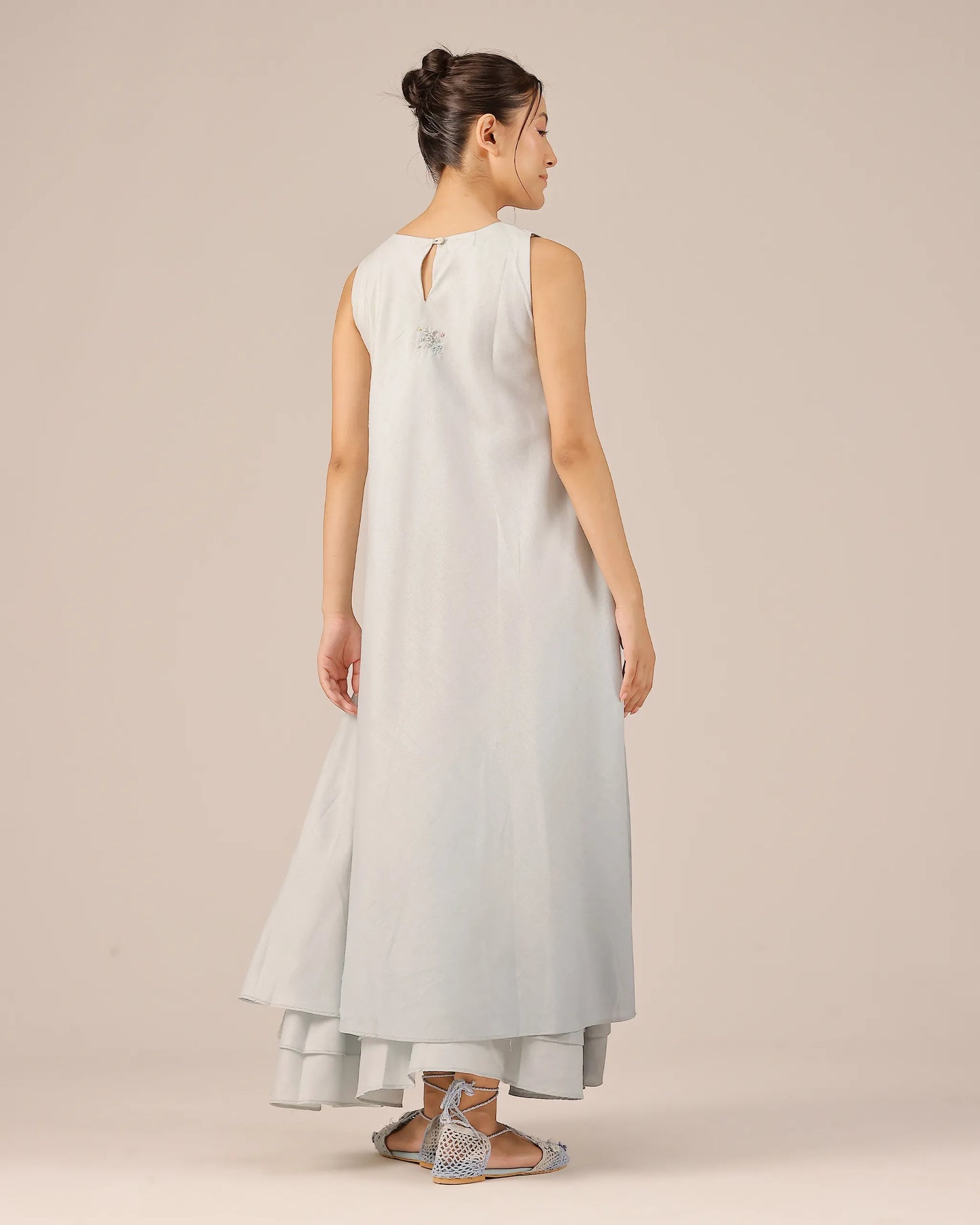 Grey Wave Kiss Linen Dress | Multi-Layer Embroidered Linen Dress - OurDve
