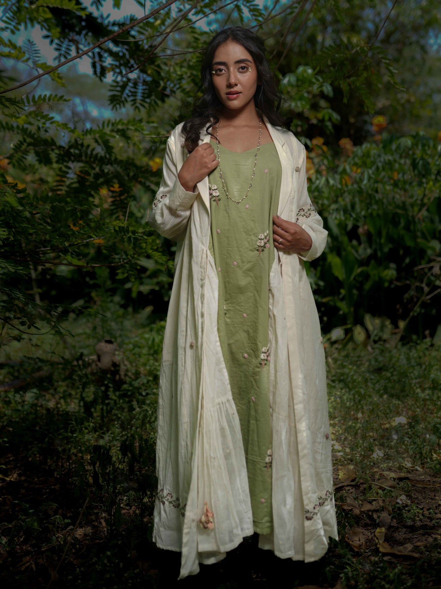 Dara Set - Dress and Jacket - Beige With Green Cotton - OurDve