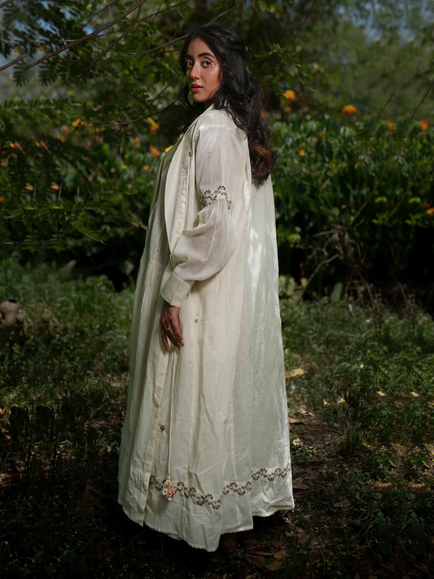 Dara Set - Dress and Jacket - Beige With Green Cotton - OurDve