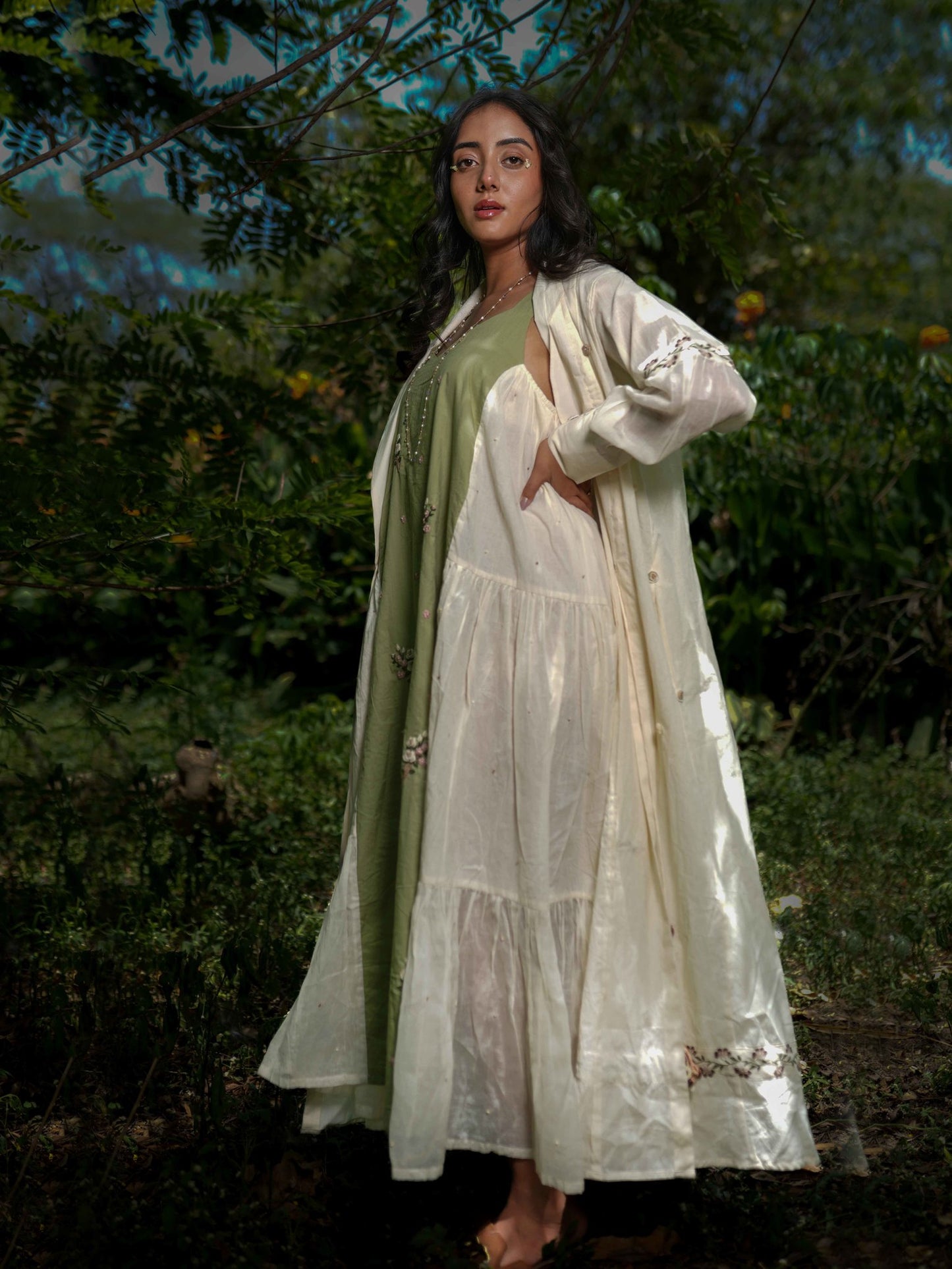 Dara Set - Dress and Jacket - Beige With Green Cotton - OurDve