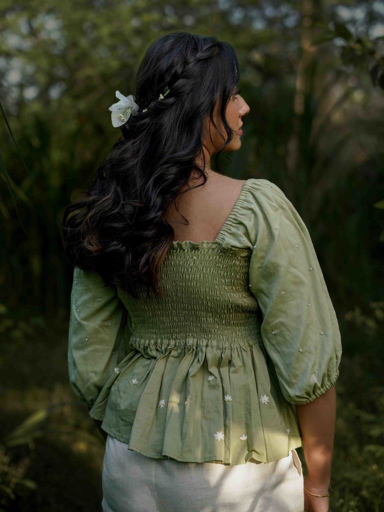 Erelah Set - Top and Pants Green and Beige Cotton - OurDve