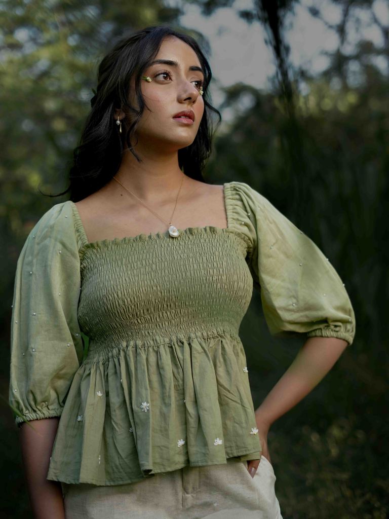 Erelah Set - Top and Pants Green and Beige Cotton - OurDve