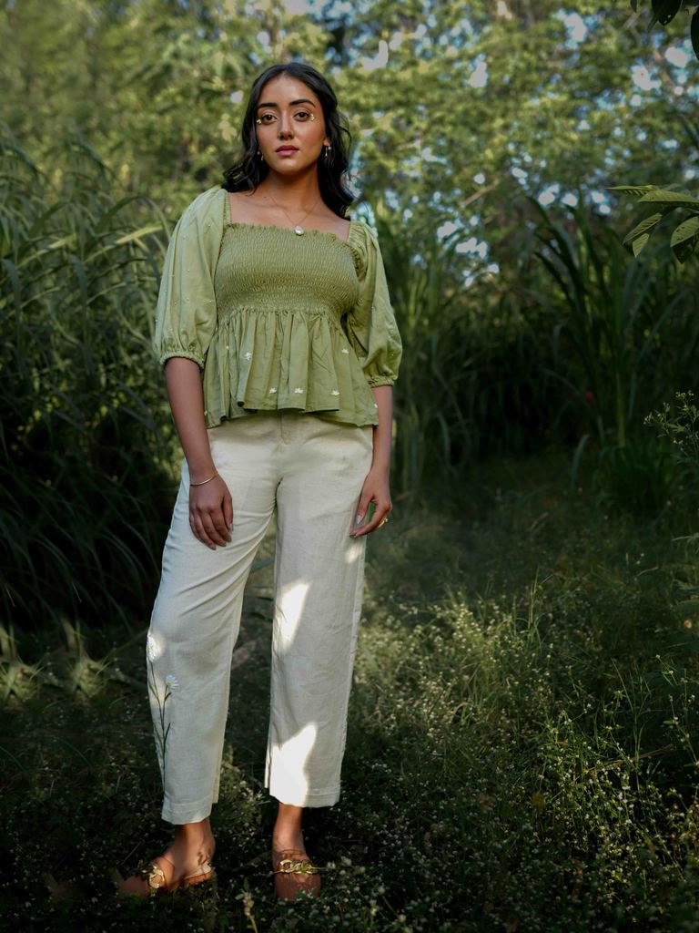 Erelah Set - Top and Pants Green and Beige Cotton - OurDve