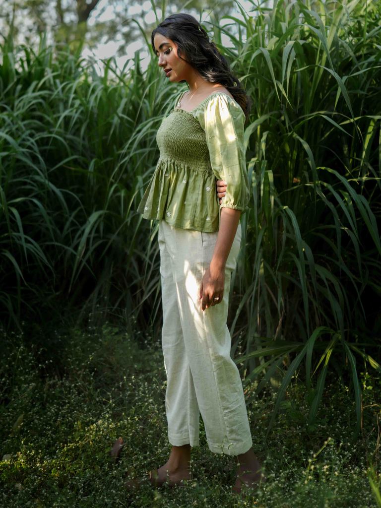 Erelah Set - Top and Pants Green and Beige Cotton - OurDve