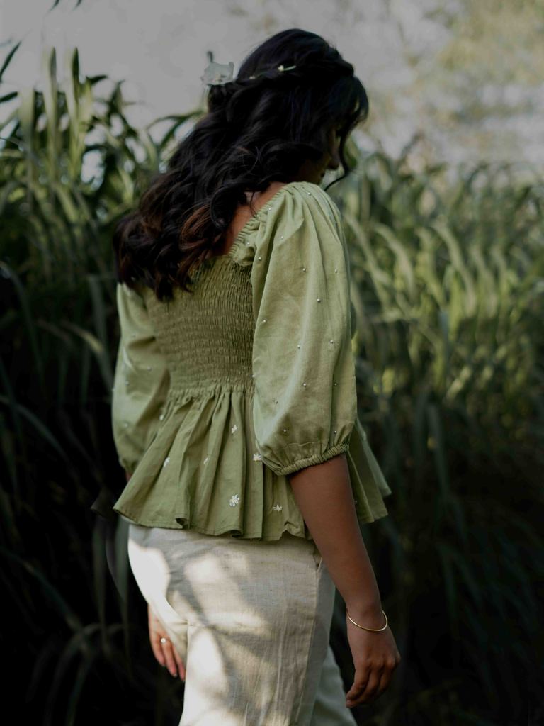 Erelah Set - Top and Pants Green and Beige Cotton - OurDve