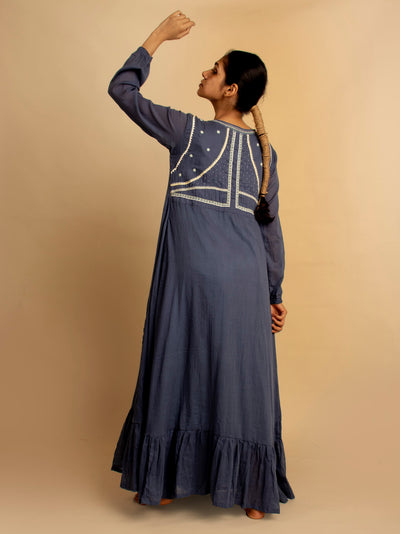 Blue Hand Embroidered Cotton Daywis Dress - OurDve