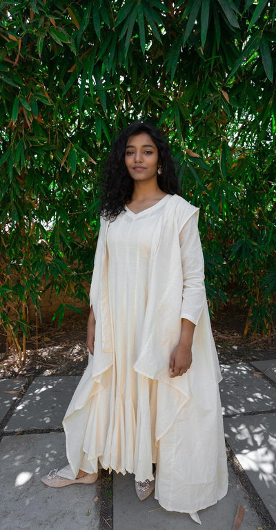 Beige Mocking Bird cotton maxi dress with V-neck and bead detail — OurDve