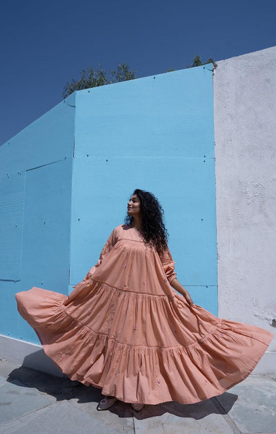 Peach Twin Long Dress | Cotton Long Flare Dress - OurDve