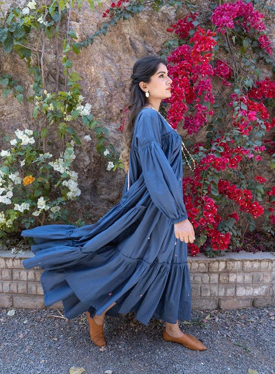 Dark Blue Twin Cotton Flare Dress - OurDve