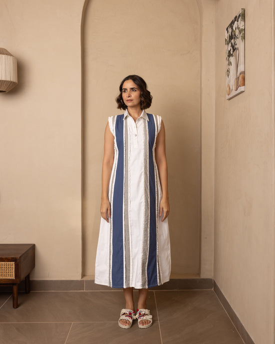 Seraph Dress in beige and blue with contrasting panels and ruffle details by OurDve