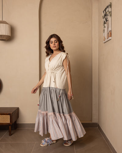 Celia Dress (Beige and Grey)
