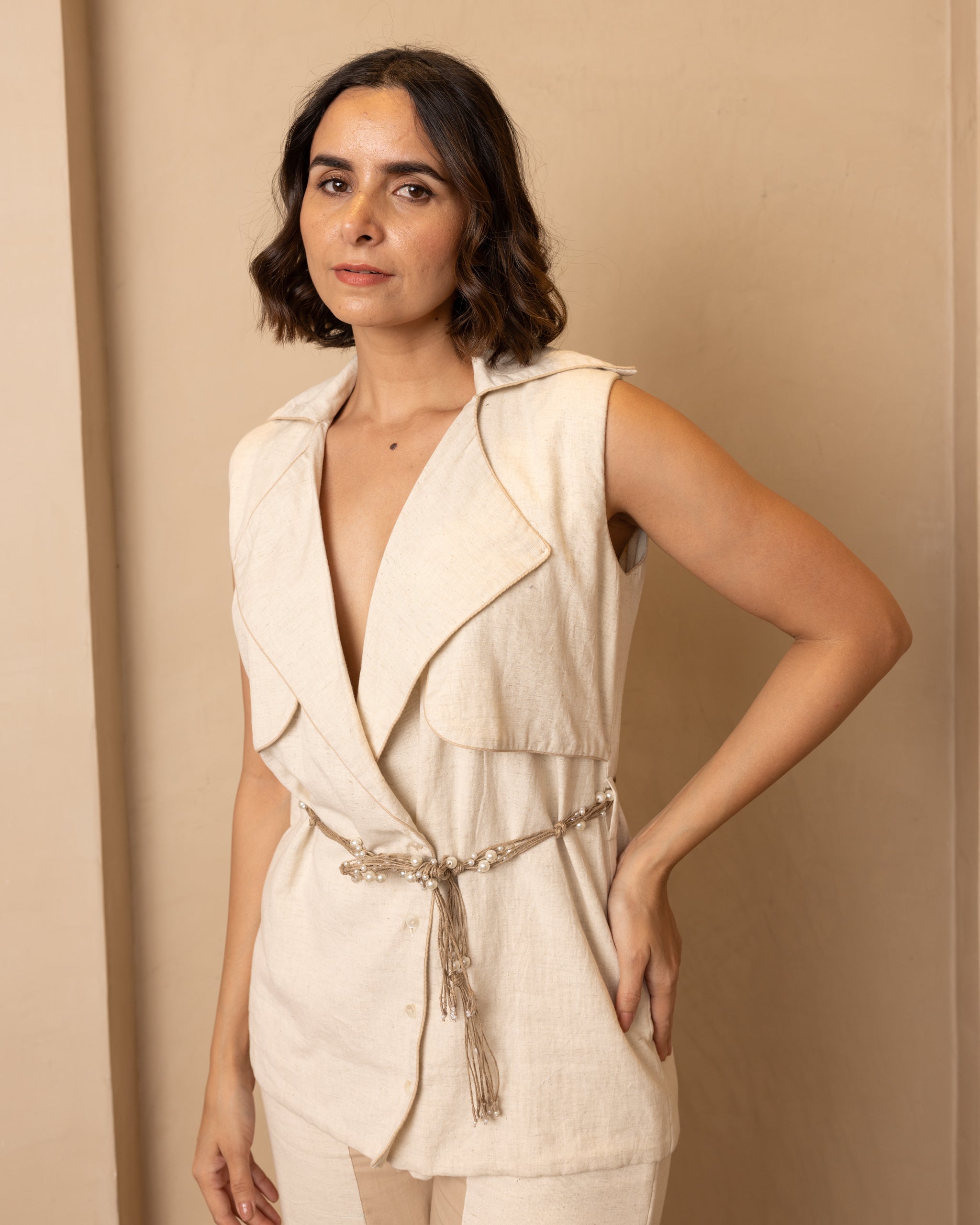 Knot Top and Pants Set (Beige)