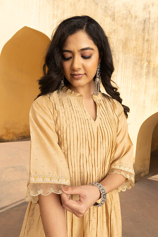 Golden Chanderi Mukaish Work Pintuck Kurta Set