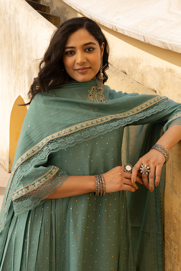 Mint Green Mukaish Work Chanderi Three Kali Kurta Set With Heavy Chanderi Dupatta