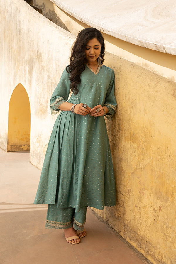 Mint Green Mukaish Work Chanderi Three Kali Kurta Set With Heavy Chanderi Dupatta