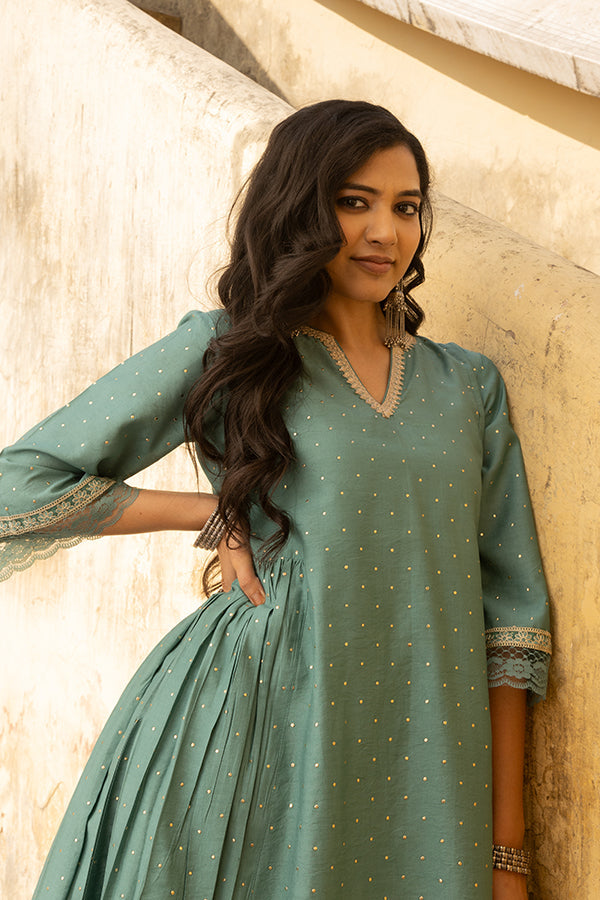 Mint Green Mukaish Work Chanderi Three Kali Kurta Set With Heavy Chanderi Dupatta