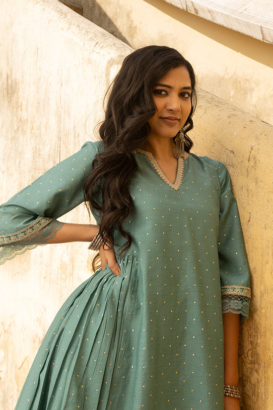 Mint Green Mukaish Work Chanderi Three Kali Kurta Set With Heavy Chanderi Dupatta