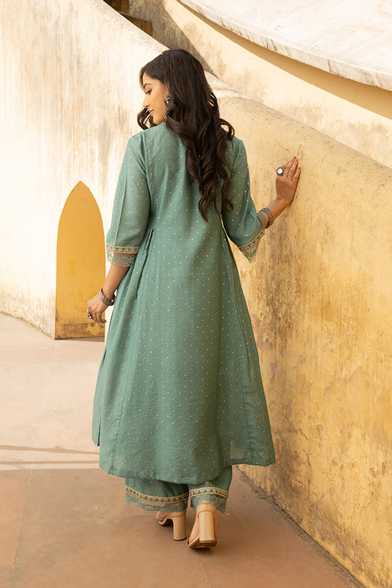 Mint Green Mukaish Work Chanderi Three Kali Kurta Set With Heavy Chanderi Dupatta