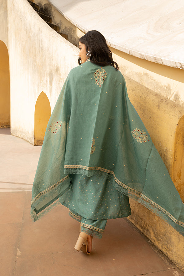 Mint Green Mukaish Work Chanderi Three Kali Kurta Set With Heavy Chanderi Dupatta