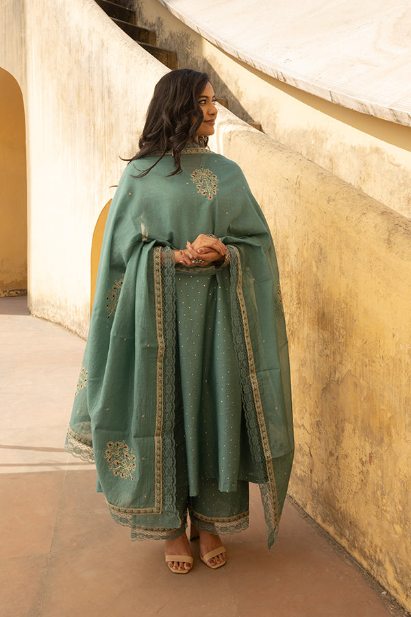 Mint Green Mukaish Work Chanderi Three Kali Kurta Set With Heavy Chanderi Dupatta