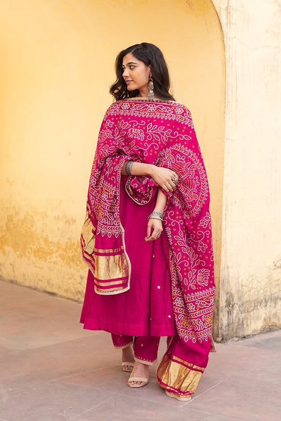 Pink Chanderi Embroidered Three Kali Bandhani Dupatta Suit Set
