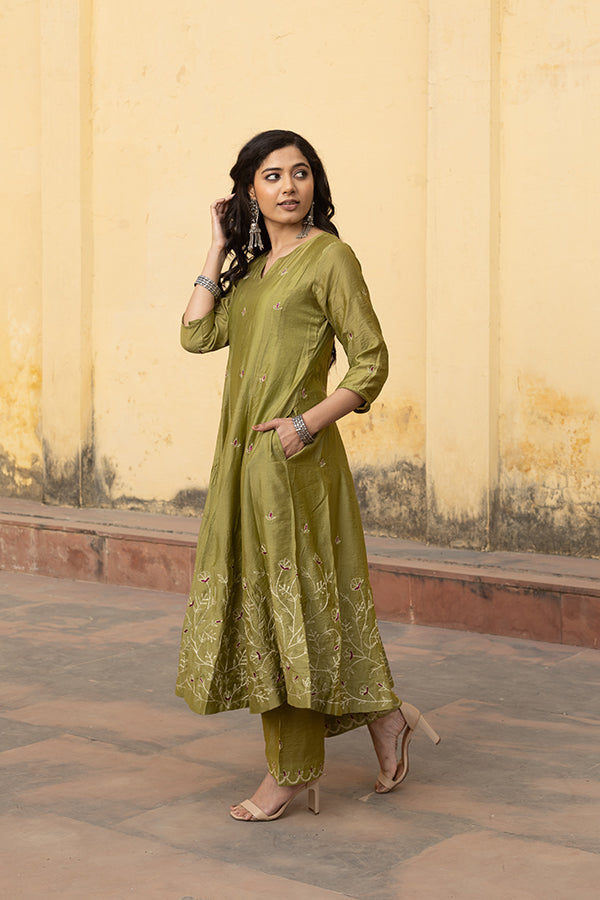 Mehndi Green Zari Jaal Embroidered Anarkali Suit Set