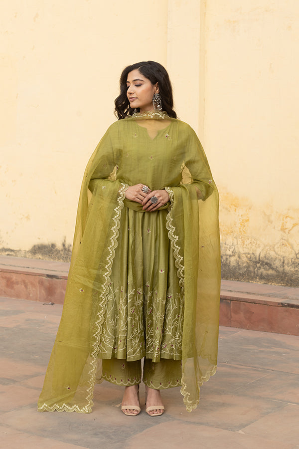 Mehndi Green Zari Jaal Embroidered Anarkali Suit Set