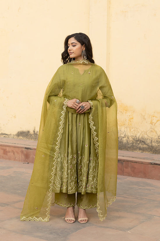 Mehndi Green Zari Jaal Embroidered Anarkali Suit Set