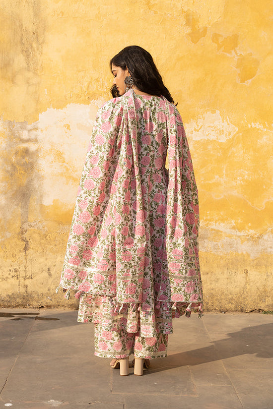 White Handblock Jaal Cotton Anarkali Set