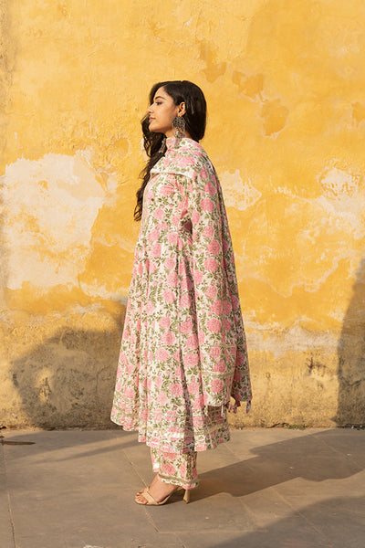 White Handblock Jaal Cotton Anarkali Set