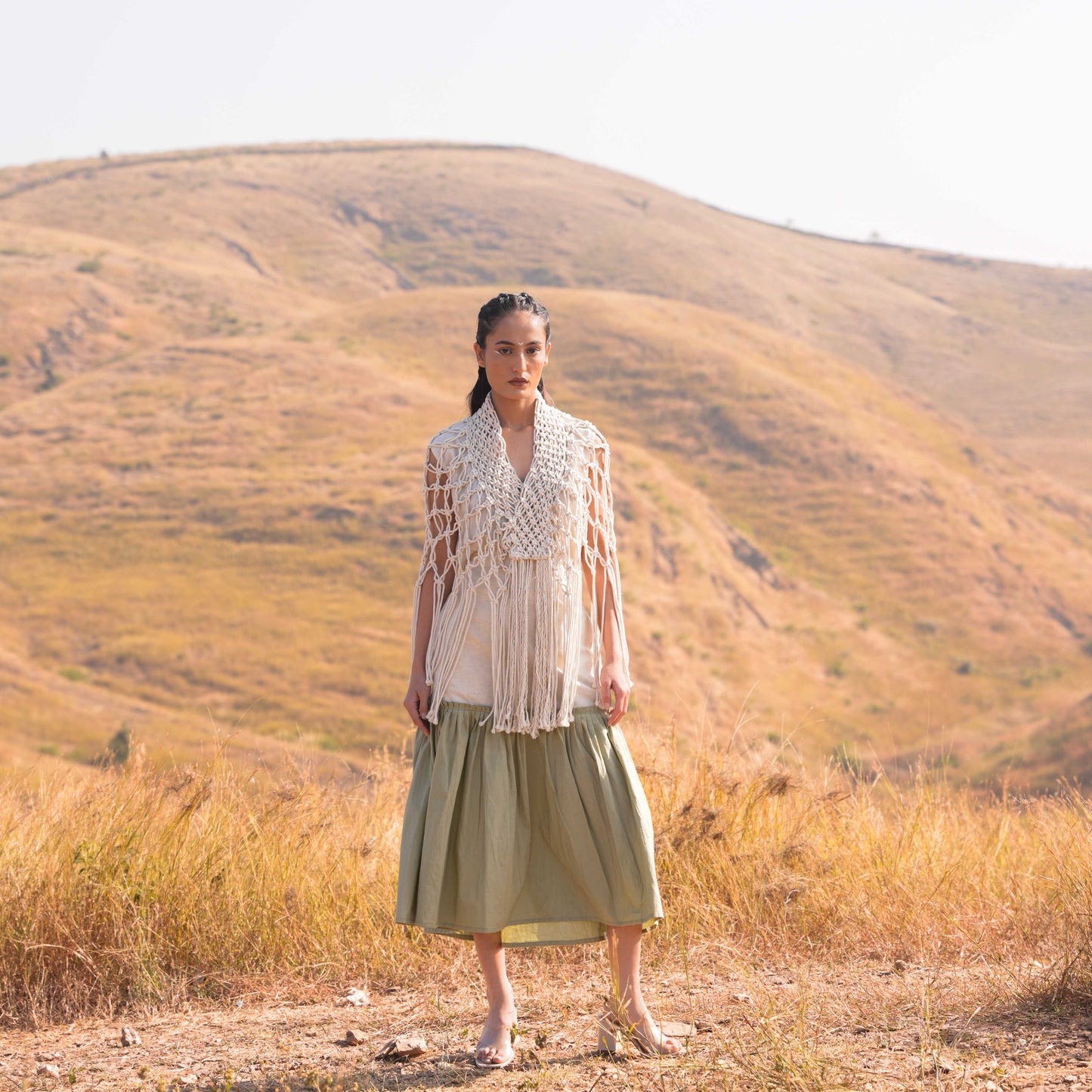 Noura Top & Skirt Set - Beige and Green